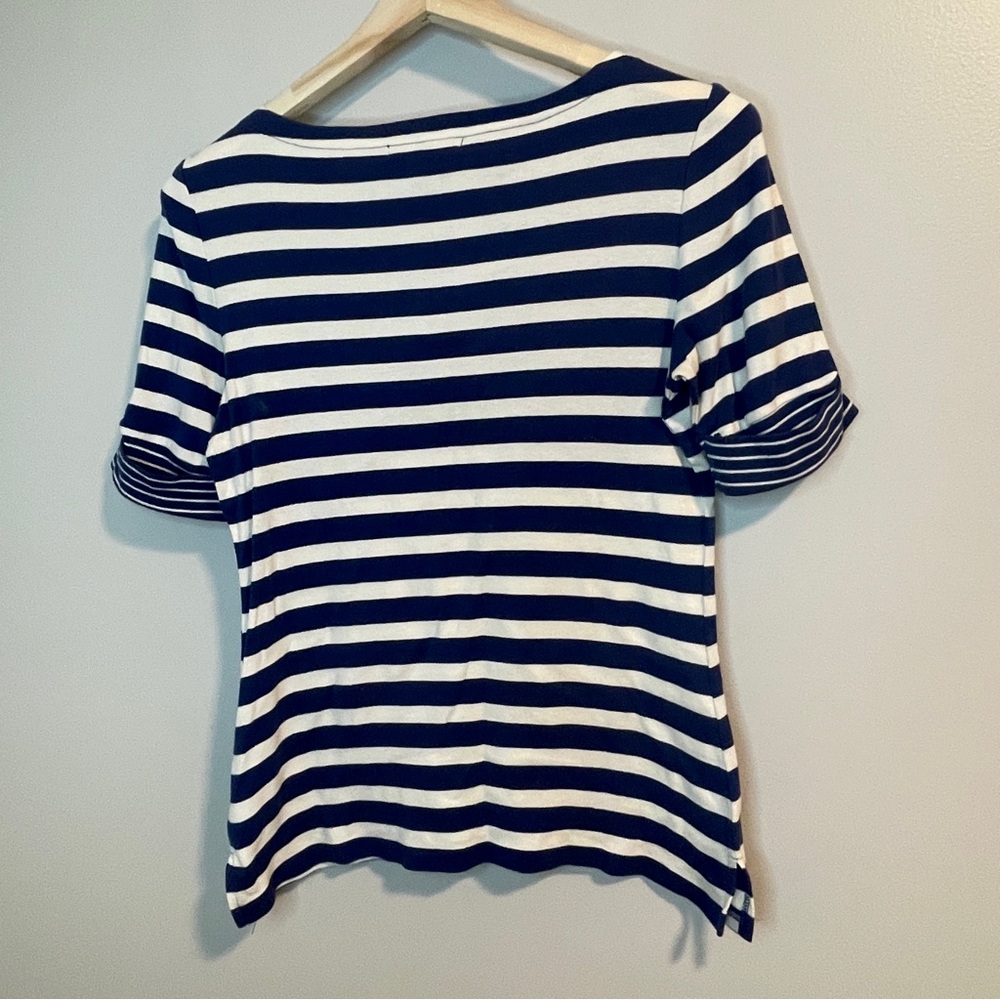 Lauren Ralph Lauren Blue and White Striped Cuffed Sleeve Tee - Picture 2 of 5